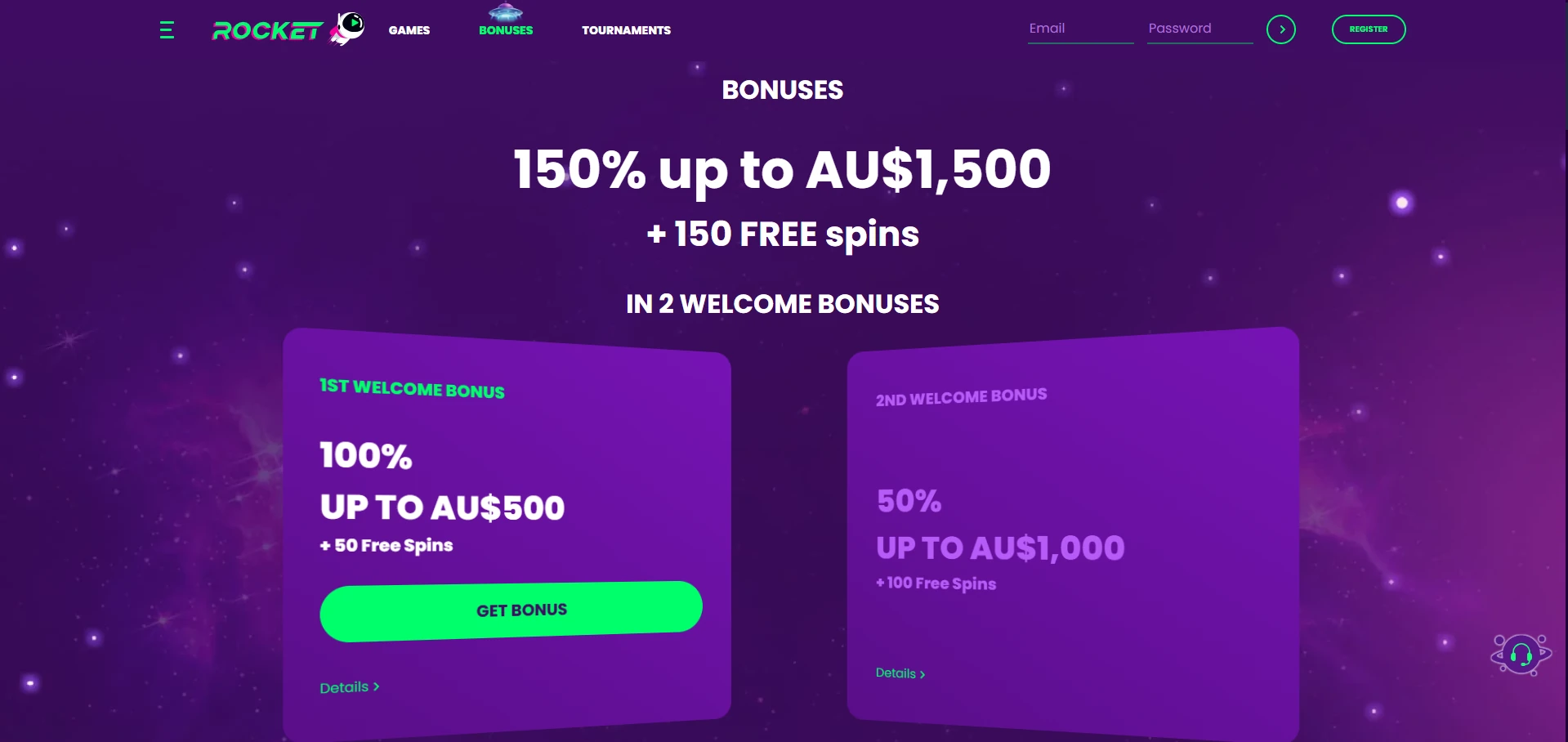 Rocket promotions page with the two-deposit welcome offer