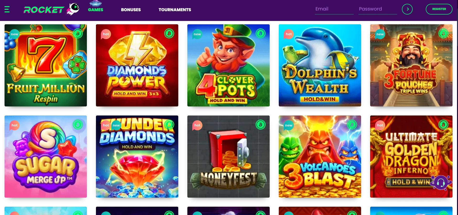 Rocket game lobby with its format categories